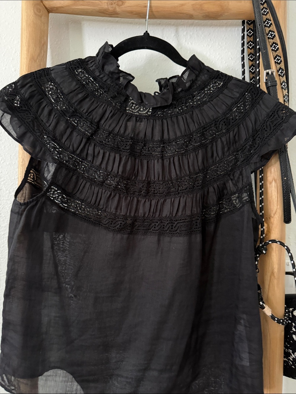 Frame Denim Black Lace Yoke Ruffled Sleeveless Camisole